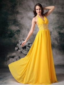 Halter Brush Train Chiffon Beading Yellow Prom / Evening Dress
