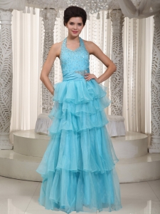 Organza Beading Prom / Evening Dress Aqua Blue Halter