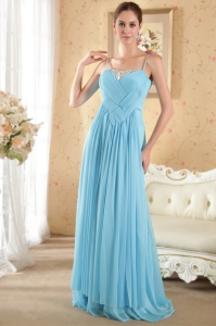 Aqua Prom / Evening Dress with Spaghetti Straps Beading and Ruch