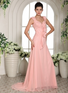 Straps Hand Made Flowers Baby Pink Prom Gowns Brush