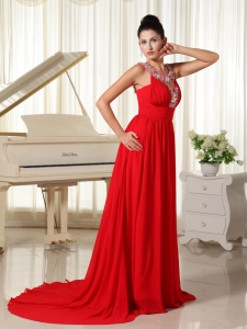Beaded Scoop Red Prom Dress Brush Train Custom Made