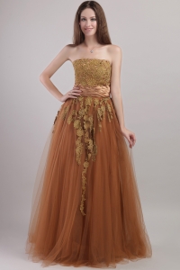 Tulle Appliques Brown Prom Dress Strapless Floor-length