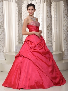Coral Red A-line Prom / Evening Dress Taffeta Beading