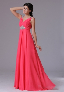 V-neck Beading and Ruch Coral Red Prom Dress for 2013