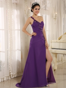 High Slit Purple Prom Dress Sequins One Shoulder Ruch