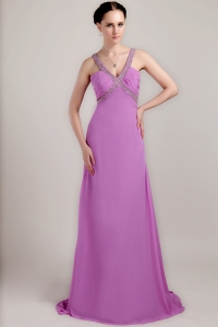 Lavender Ruch Prom Dress V-neck Brush Chiffon Beading