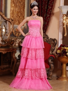 Hot Pink layered Strapless Lace Appliques Prom / Pageant Dress