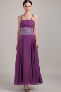 Ankle-length Chiffon Ruch Purple Straps Prom Dress