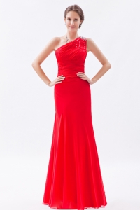 Red One Shoulder Prom Dress Floor-length Chiffon Beading