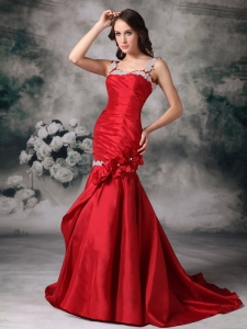 Mermaid Appliques Prom / Evening Dress Red Straps Brush