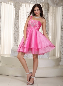 Mini-length Beading Prom Dress Rose Pink One Shoulder