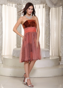 Printing Tulle Belt Prom Dress Rust Red Knee-length