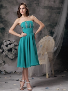 Knee-length Beading Prom Dress Turquoise Strapless