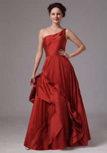 One Shoulder Wine Red Custom Made Taffeta Prom Dress