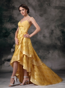 Yellow Taffeta Lace Prom / Evening Dress Straps Brush Train
