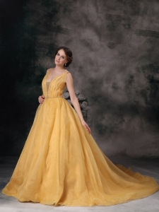 Yellow V-neck Brush Prom / Evening Dress Organza Beading
