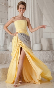 Yellow Strapless Brush Train Ruch Prom / Celebrity Dress