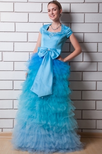 Square Organza Aqua Blue Prom Dress Taffeta Beading