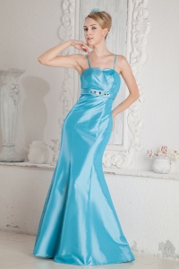 Straps Brush Train Aqua Blue Mermaid Prom Dress Beading