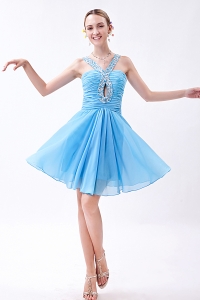 Mini-length Beading Prom Dress Baby Blue Empire V-neck