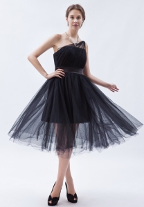 Black One Shoulder Tea-length Tulle Prom Dress for Party