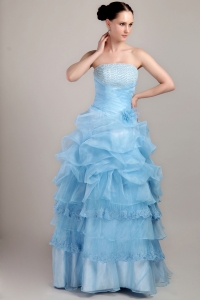 A-line Strapless Blue Beading Prom Dress Taffeta Organza