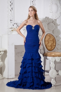 Blue Mermaid Brush Prom Dress Sweetheart Beading Ruffles