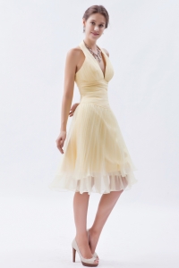 Knee-length Halter Champagne Prom Dress Organza Ruch