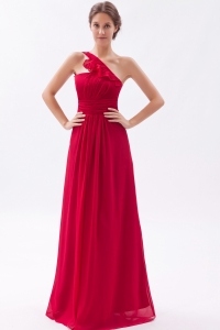 One Shoulder Coral Red Chiffon Ruch Prom Dress