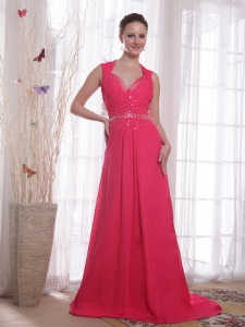 Sweep Beading Coral Red Chiffon Prom / Party Dress V-neck