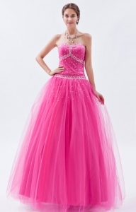 Tulle Beading Prom Dress Hot Pink A-line Sweetheart