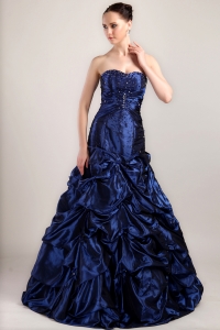 Navy Blue Prom Dress Sweetheart Pick-ups Brush Taffeta