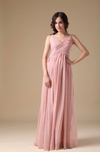 Prom Dress Pink Floor-length V-neck Chiffon Ruch