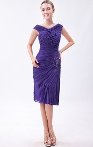Knee-length V-neck Prom Dress Chiffon Beading Purple
