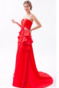 Brush Train Beading Red Prom Dress Princess Strapless