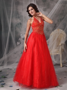 Beading Appliques Prom Dress Red A-line Halter Tulle