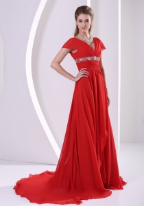 Cap Sleeves Court Train Red Prom / Evening Dress Beaded