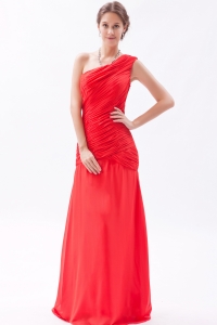 One Shoulder Red Chiffon Prom Dresses Column Ruch