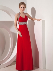 Halter Ankle-length Red Prom Dress Taffeta Beading