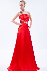 Red One Shoulder Prom Dresses Brush Beading Ruch
