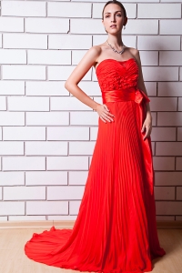 Brush Train Chiffon Red Pleat Prom Dress Column Strapless