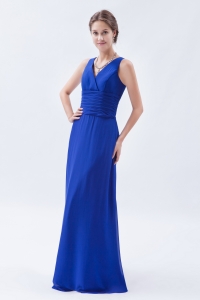 Royal Blue V-neck Prom Dress Column Chiffon Ruch