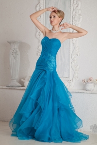 Tulle Appliques Ruch Prom Dress Teal Mermaid Brush Train