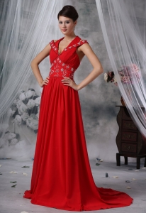 Beaded Prom / Evening Dress Red Chiffon Ruched Brush