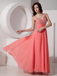 Straps Watermelon Prom Dress Ankle-length Beading