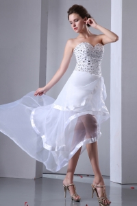 High-low Organza Beading Prom Dress White A-line