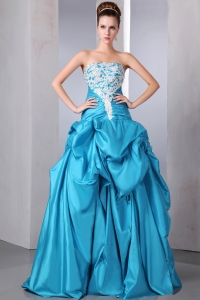 Beading Appliques Prom Dress Blue A-line Strapless