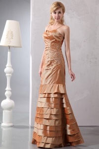 Straps Taffeta Beading Prom Dress Brown Ruch Layers