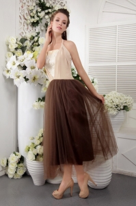 Tea-length Tulle Lace Brown Prom Dress Empire Halter