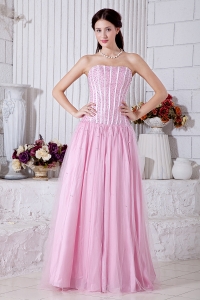 Strapless Tulle Prom / Evening Dress Pink Beading